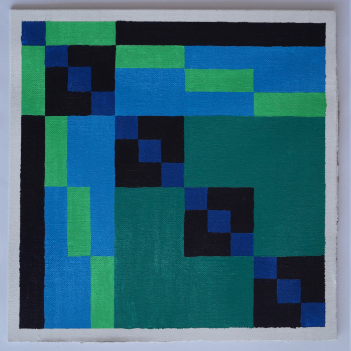 An illustration of a graph's distance matrix, drawn with acrylic paint. Each cell of the matrix has its own color, chosen depending on the cell's value.