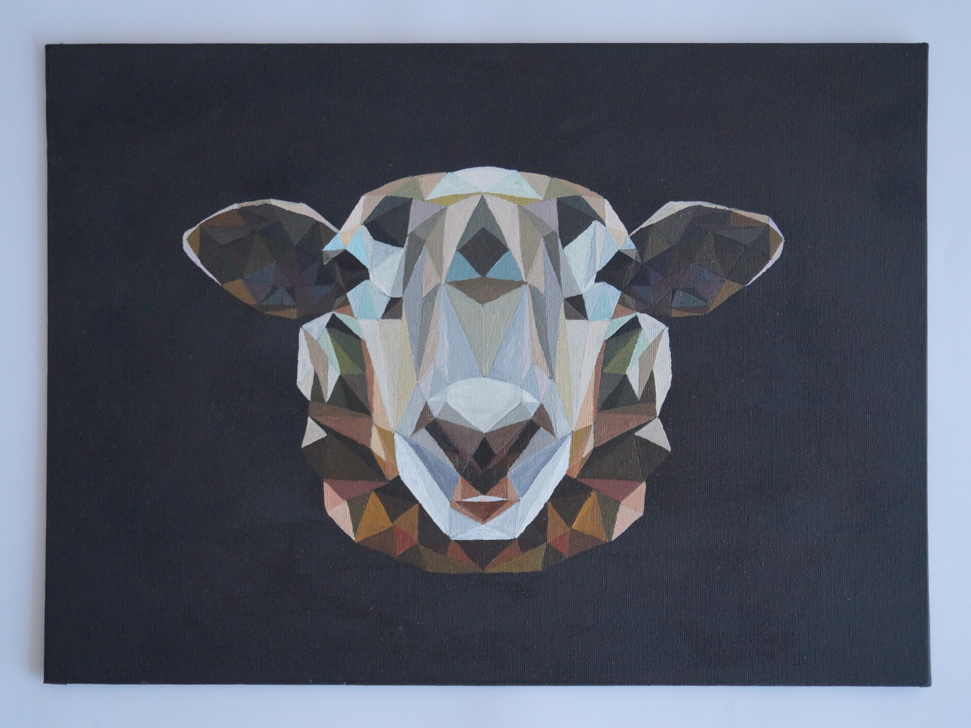 A triangulated sheep, drawn with acrylic paint.