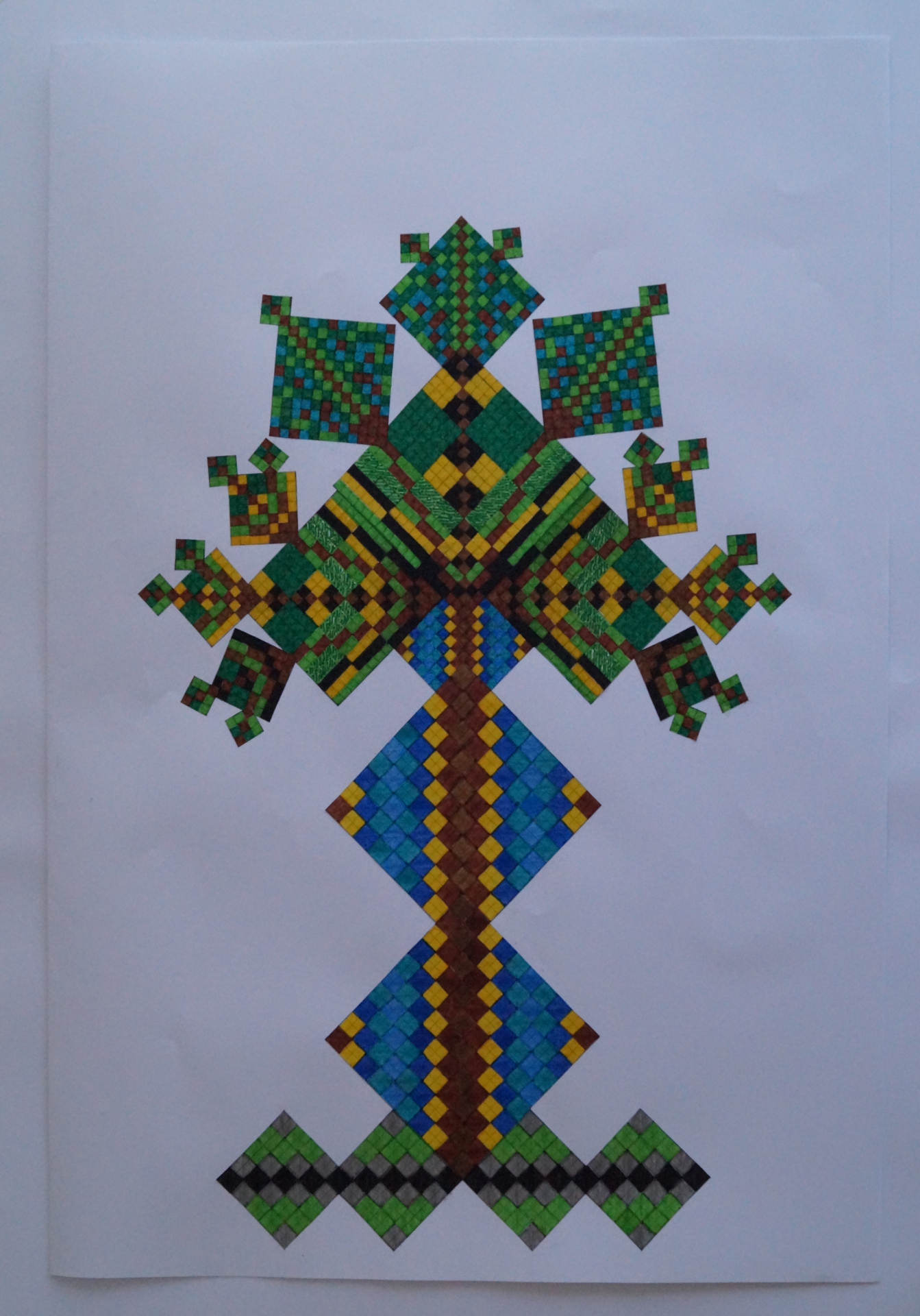 An arrangement of several distance matrices, where each matrix cell is colored according to its respective value. The arrangement forms a tree.
