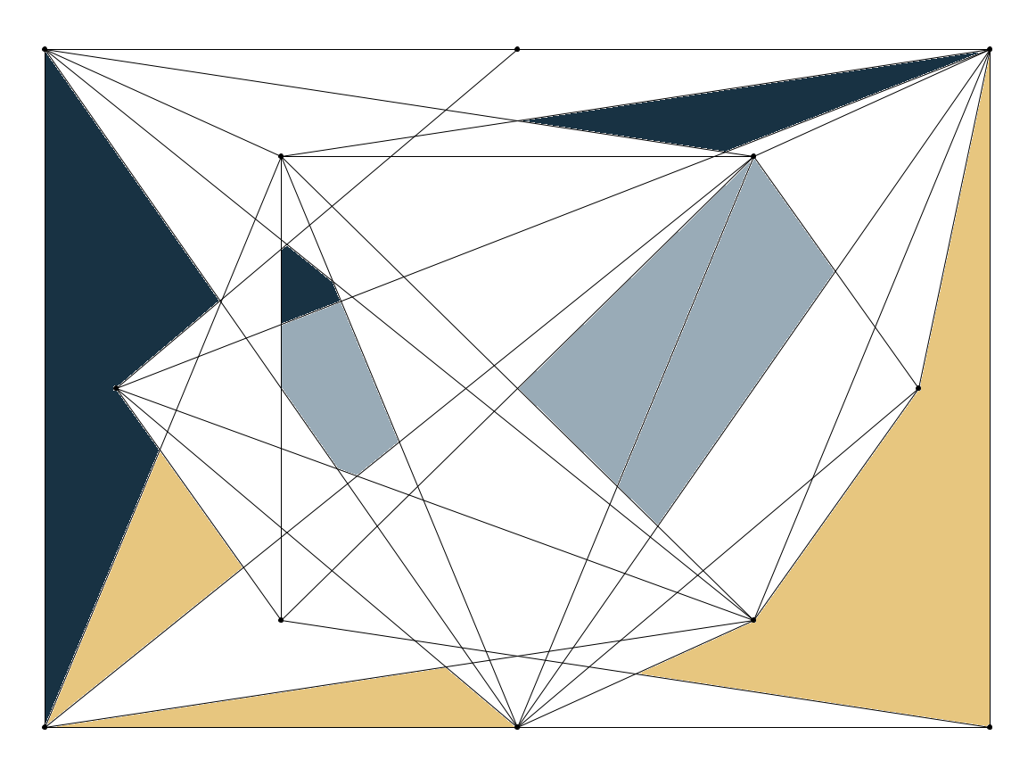 A rectangle with a total of up to twelve vertices that are randomly connected by edges. The resulting polygons are randomly colored.
