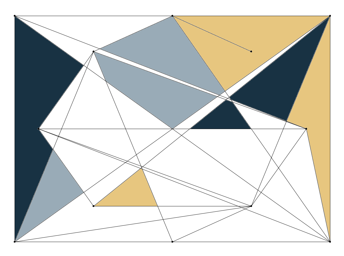 A rectangle with a total of up to twelve vertices that are randomly connected by edges. The resulting polygons are randomly colored.