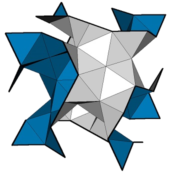 Discretization of the gyroid minimal surfaces, comprised of triangles with different colors on the fronts and backs to show how the gyroid partitions space into two equally sized parts.