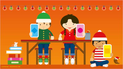 Three elves holding up cards with different geometric symbols.