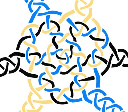 An image of a Borromean braid crossing, with three sets of braids interwoven.